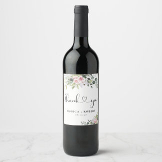 Greenery Pink Rose Wedding Wine Label