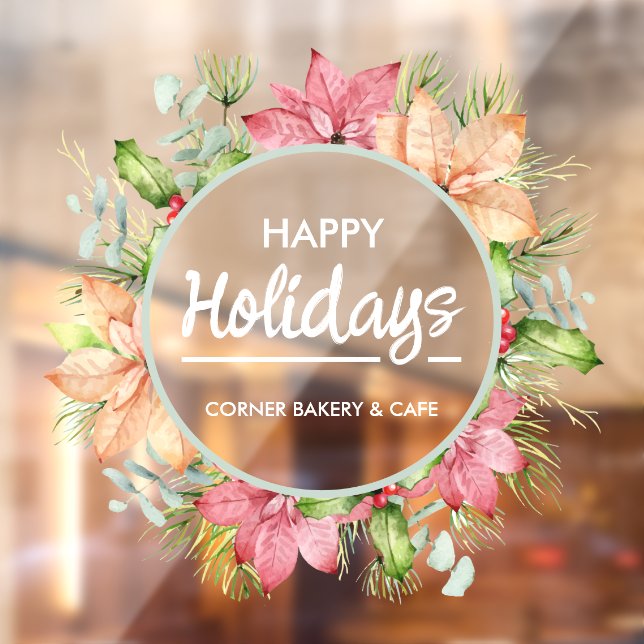 Greenery Poinsettia Wreath Happy Holidays  Window Cling (Sheet 2)