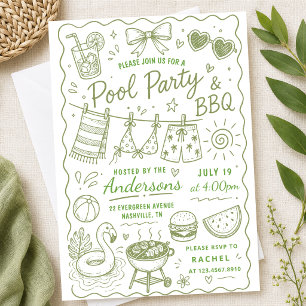 Greenery Pool Party BBQ Summer Hand Drawn Doodle Invitation