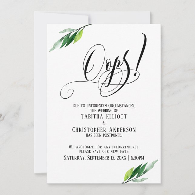 Greenery Postponed Wedding "Oops!" Announcement (Front)