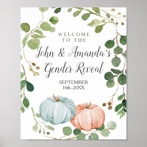Greenery Pumpkin Blue and Orange Gender Reveal Poster