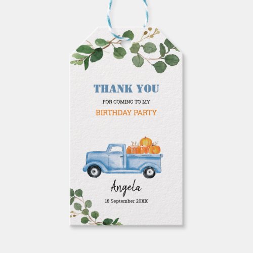 Greenery Pumpkin Blue Truck Thank You Tag Gift Tags