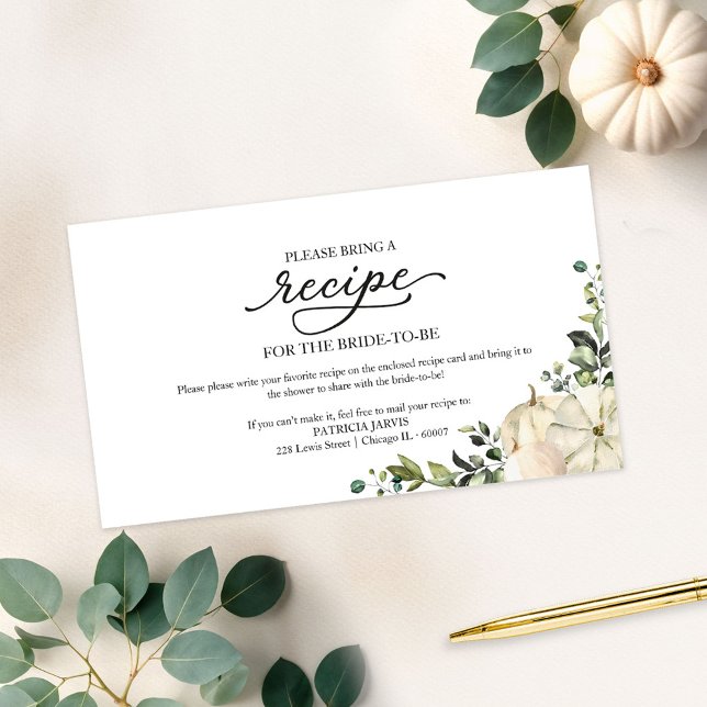 Greenery Pumpkin Bridal Shower Recipe Request Enclosure Card (Creator Uploaded)