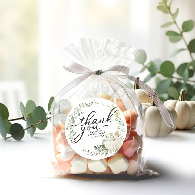 Greenery Pumpkin Fall Baby Shower Thank You Favor Classic Round Sticker (Creator Uploaded)
