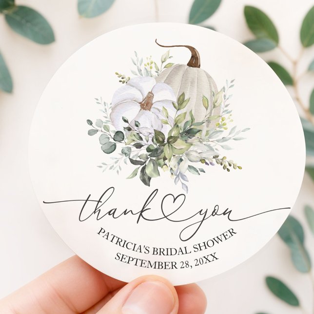 Greenery Pumpkin Fall Bridal Shower Favor Classic Round Sticker (Creator Uploaded)