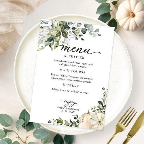 Greenery Pumpkin Fall Bridal Shower Menu For Plate Invitation