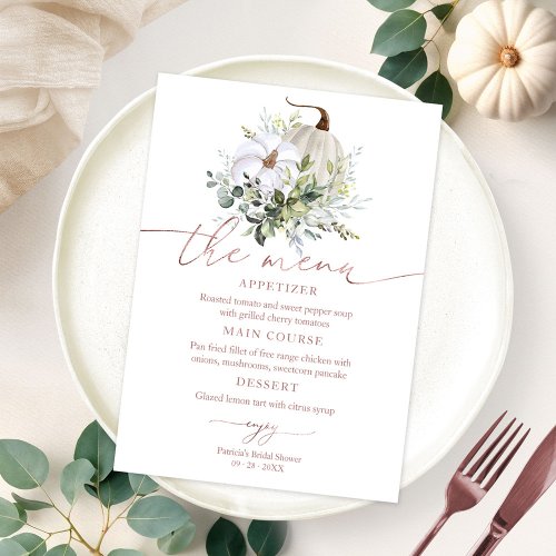 Greenery Pumpkin Fall Bridal Shower Menu For Plate Invitation