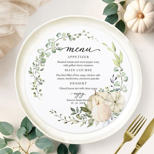 Greenery Pumpkin Fall Bridal Shower Round Menu  Invitation