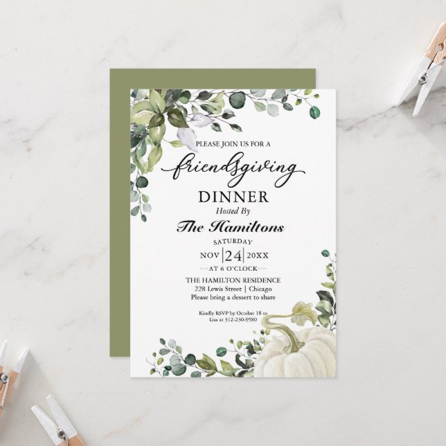 Greenery Pumpkin Friendsgiving Dinner Invitation (Front/Back In Situ)