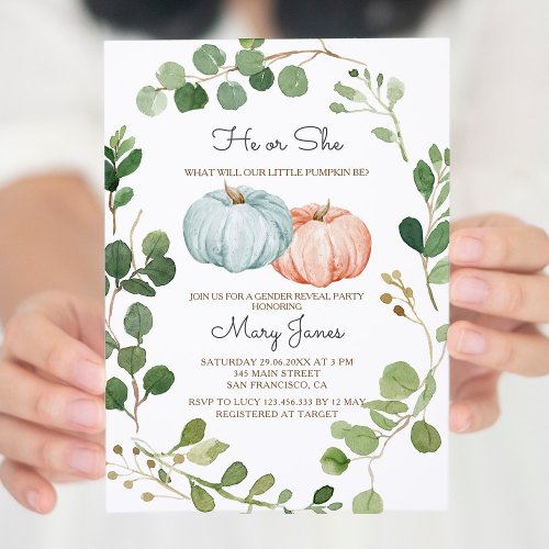 Greenery Pumpkin Gender Reveal Invitation