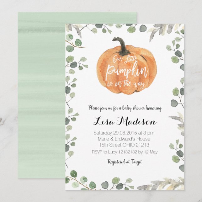 Greenery Pumpkin is on Its Way Fall Baby Shower Invitation (Front/Back)