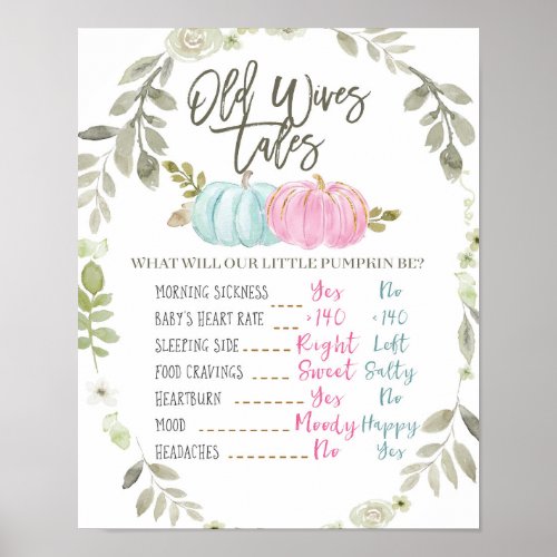 Greenery Pumpkin Old Wives Tales Gender Reveal Poster