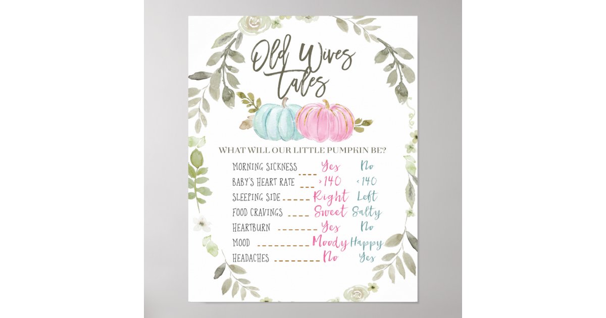 Greenery Pumpkin Old Wives Tales Gender Reveal Poster Zazzle