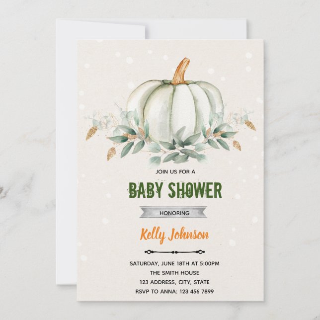 Greenery pumpkin shower birthday invitation (Front)