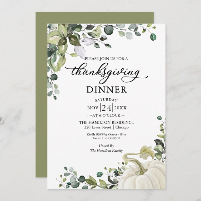 Greenery Pumpkin Thanksgiving Dinner Invitation (Front/Back)