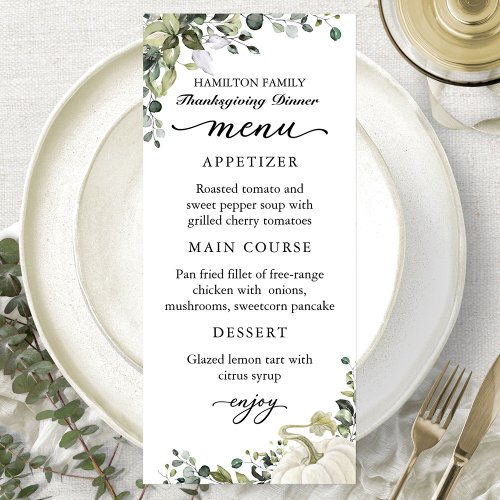 Greenery Pumpkin Thanksgiving Dinner Menu Card