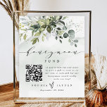 Greenery QR Code Honeymoon Wedding Cash Fund Sign<br><div class="desc">Have your guests scan the QR code with their phones and send them to the payment URL of your choice for a cash gift or honeymoon fund. The graphic design features a greenery bouquet at the top with a dusty blue/gray splash. You can also remove the splash and rearrange the...</div>