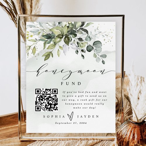 Greenery QR Code Honeymoon Wedding Cash Fund Sign
