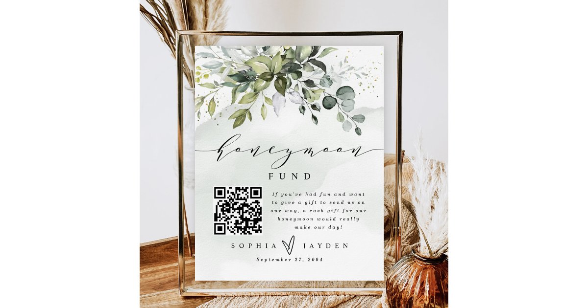 Greenery QR Code Honeymoon Wedding Cash Fund Sign | Zazzle