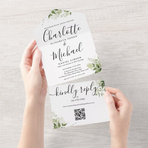 Greenery QR Code Script Monogram Wedding All In One Invitation