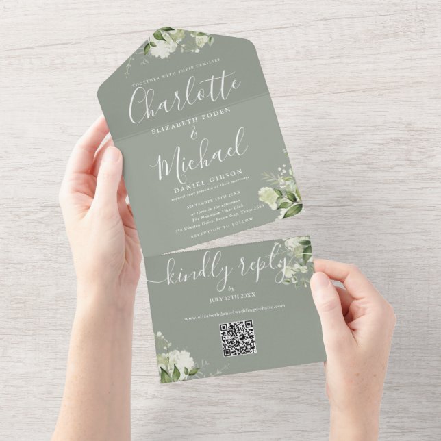 Greenery QR Code Script Sage Green Wedding All In One Invitation (Tearaway)