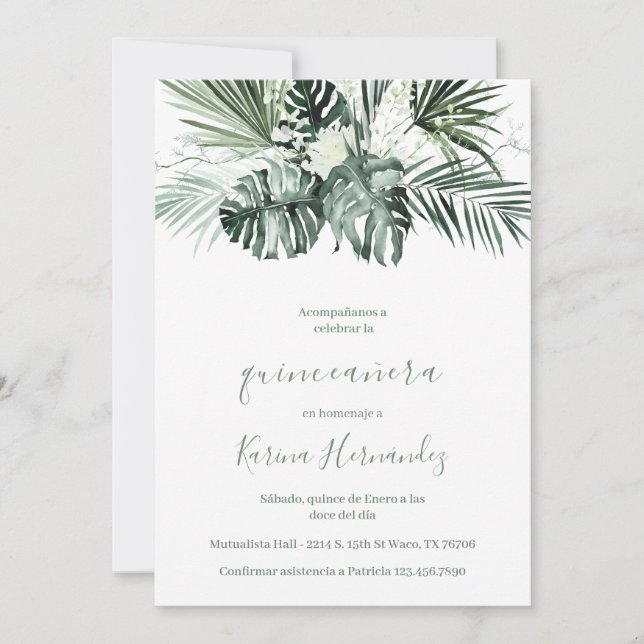 Greenery quinceanera invitation in spanish (Front)