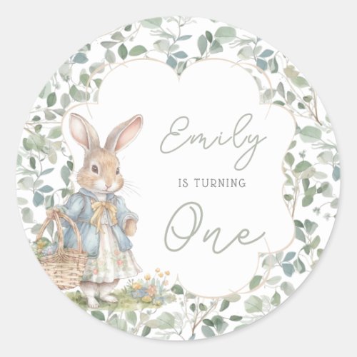 Greenery Rabbit Girl Babys First Birthday Classic Round Sticker