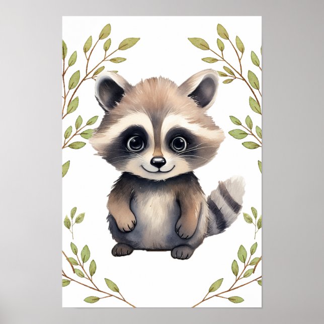 Greenery Raccoon Woodland Animals Nursery Poster (Front)