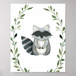 Greenery Raccoon Woodland Animals Nursery Wall Art