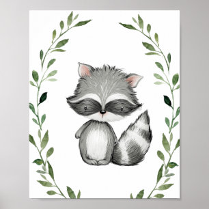 Greenery Raccoon Woodland Animals Nursery Wall Art