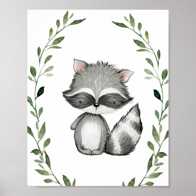 Greenery Raccoon Woodland Animals Nursery Wall Art (Front)