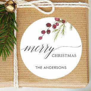 Greenery Red Berries Holiday Classic Round Sticker