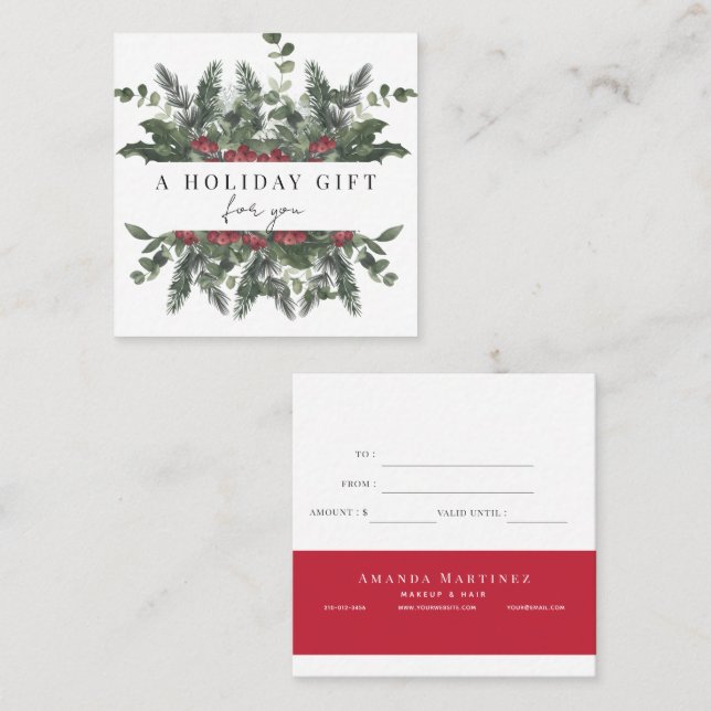 Greenery & Red Berries Holiday Gift Certificate (Front/Back)