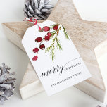 Greenery Red Berries Holiday Gift Tags<br><div class="desc">Send holiday cheer to your family and friends.
This gift tag features painted watercolor red berries and pine branch with the words “Merry Christmas”. Personalized this by adding your own text.</div>