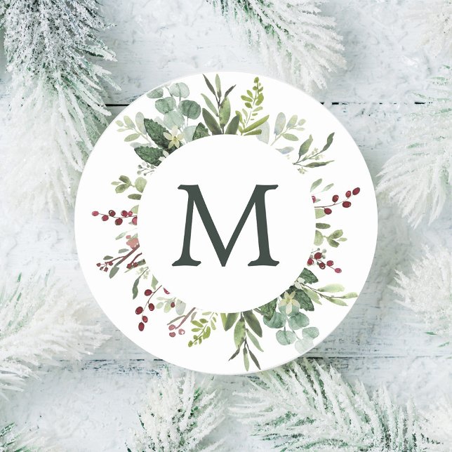 Greenery Red Berries Holiday Monogram Classic Round Sticker (Creator Uploaded)