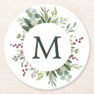 Greenery Red Berries Holiday Monogram Round Paper Coaster Greenery Red Berries Holiday Monogram Round Paper Coaster