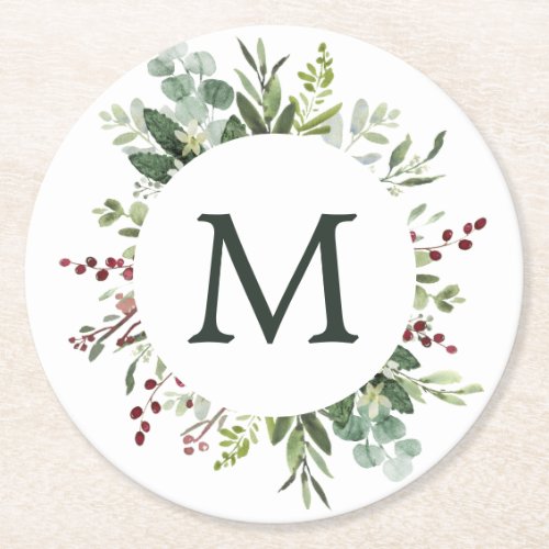 Greenery Red Berries Holiday Monogram Round Paper Coaster