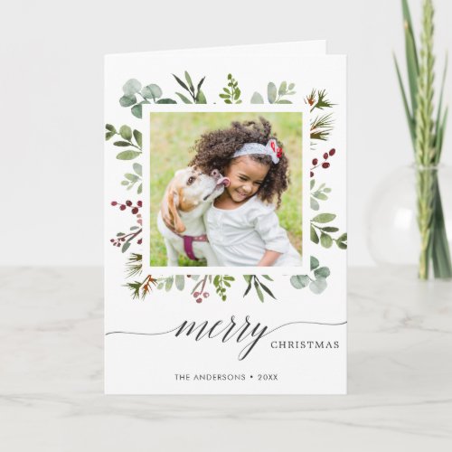 Greenery Red Berries Holiday Photo Folded Card