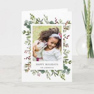 Greenery Red Berries Holiday Photo Folded Card