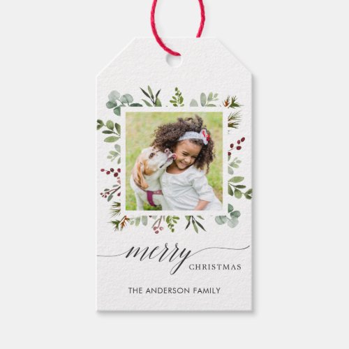 Greenery Red Berries Holiday Photo Gift Tags
