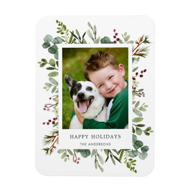 Greenery Red Berries Holiday Photo Magnet (Vertical)