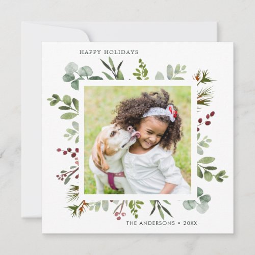 Greenery Red Berries Holiday Photo Square Card