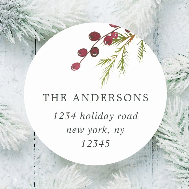 Greenery Red Berries Holiday Return Address Classic Round Sticker (Creator Uploaded)