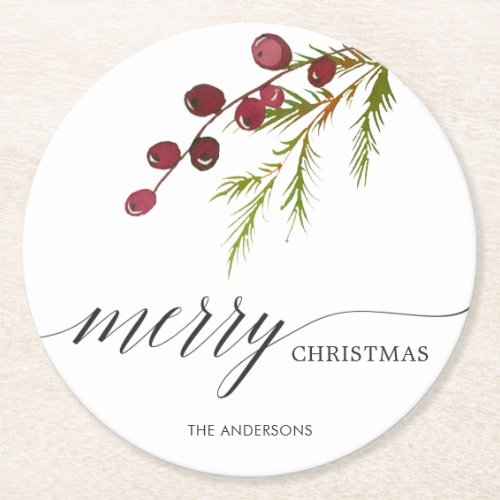 Greenery Red Berries Holiday Round Paper Coaster