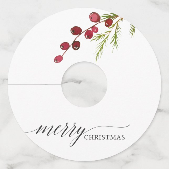 Greenery Red Berries Holiday Wine Glass Tag (Front)