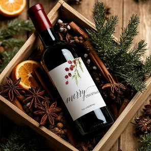 Greenery Red Berries Holiday Wine Label