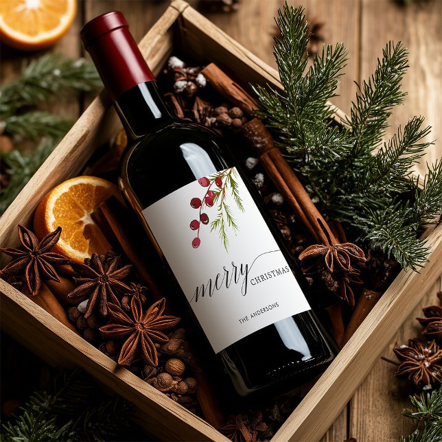 Greenery Red Berries Holiday Wine Label (Creator Uploaded)