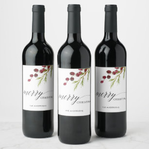 Greenery Red Berries Holiday Wine Label