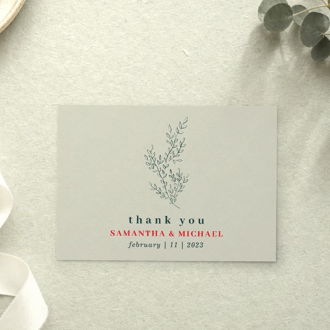 Greenery Red Botanical Floral thank you Invitation