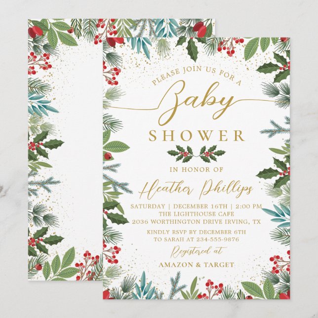 Greenery Red Holly Berries Christmas Baby Shower Invitation (Front/Back)